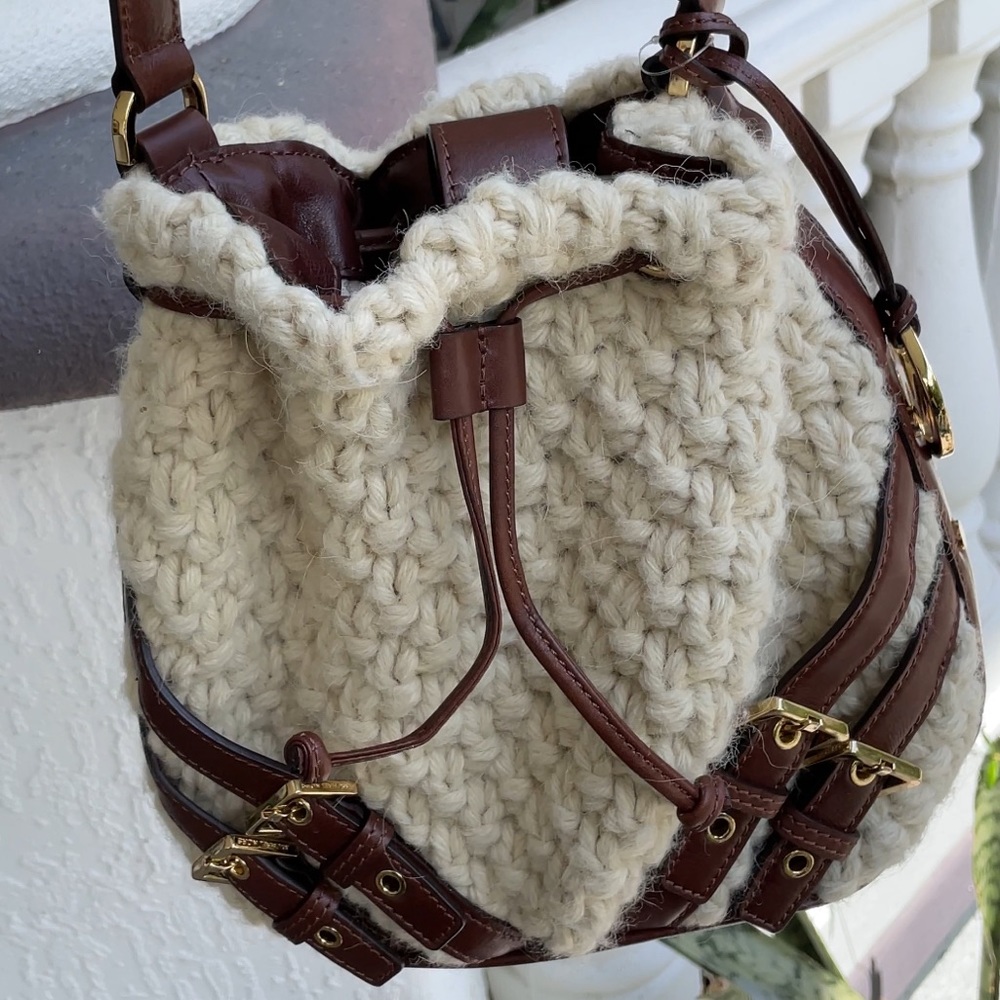 Knit Brown Leather Trim Michael Kors Bucket Crossbody Bag